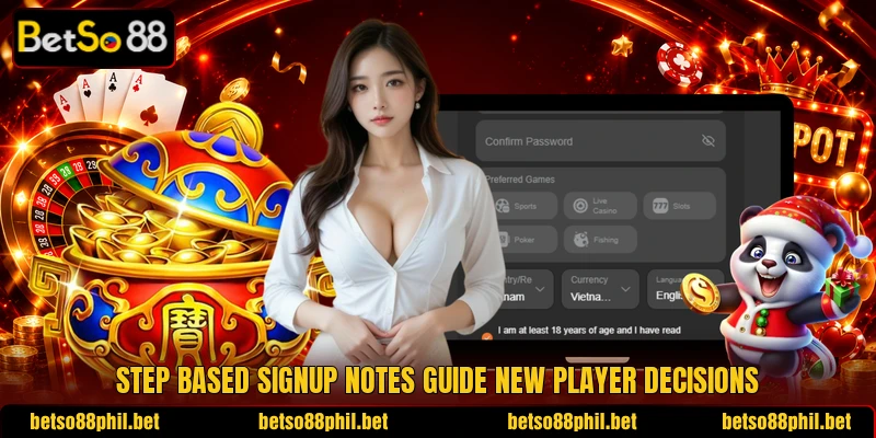 Step based signup notes guide new player decisions